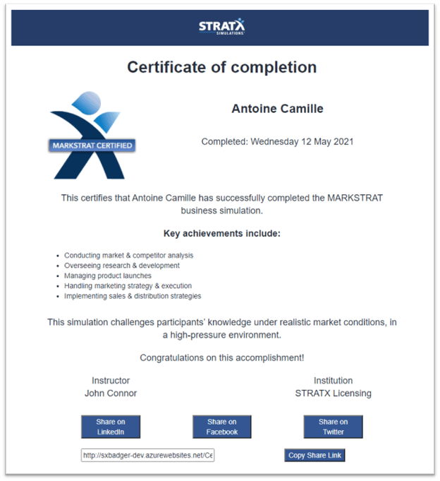 Markstrat certificate of completion